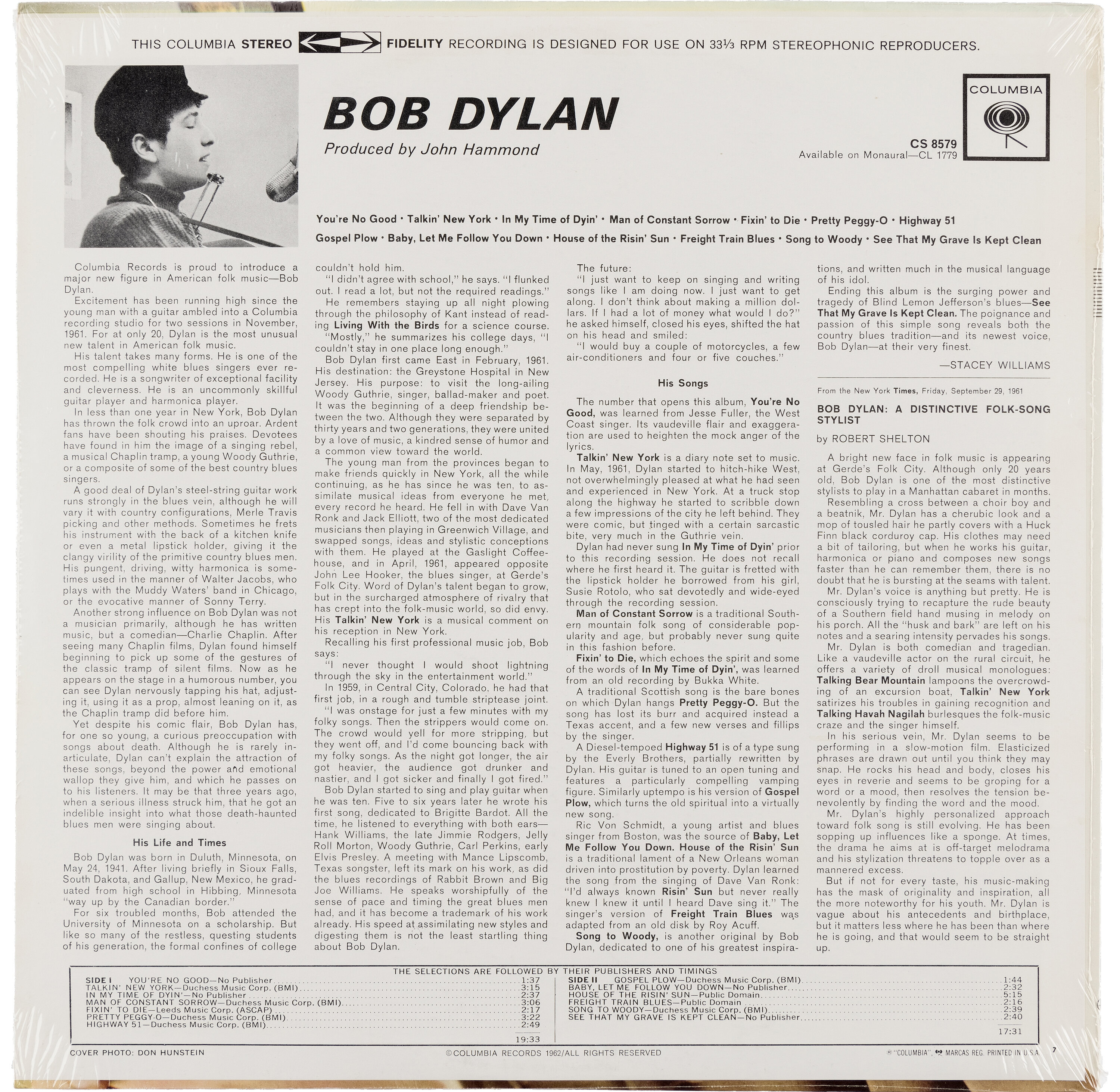 Bob Dylan Self Titled Album 1962 Back